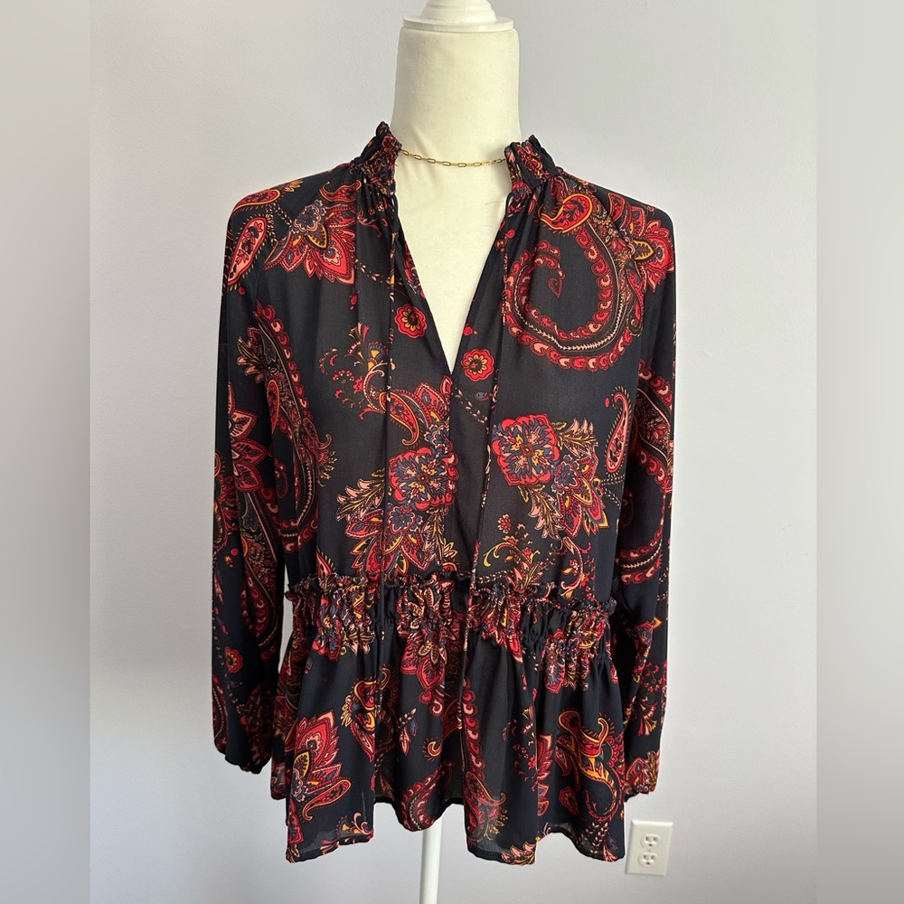 LOFT Navy Blouse with Red and Gold Paisley Print